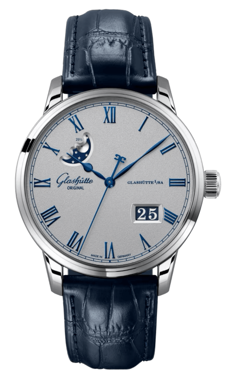Glashütte Original Senator Excellence Panorama Date Moon Phase Blue Alligator (1-36-24-02-02-61)