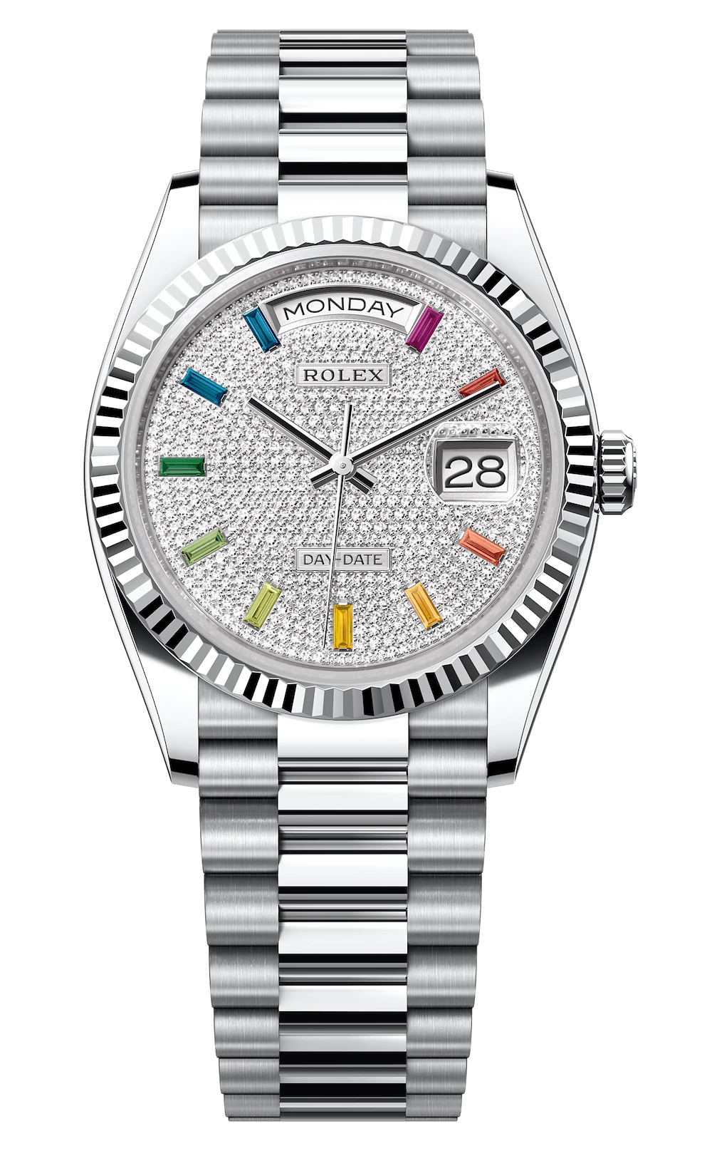 Rolex Day-Date 36 Platinum Rainbow Diamond President Unisex Watch (128236)