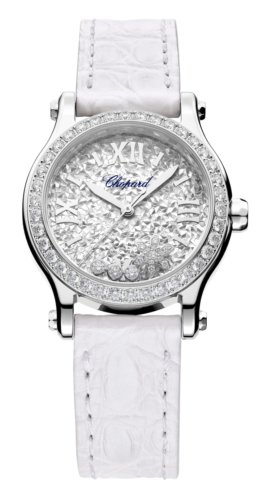 Chopard Happy Snowflakes 30mm Lucent Steel Diamond White Alligator Ladies Watch (278573-3023)
