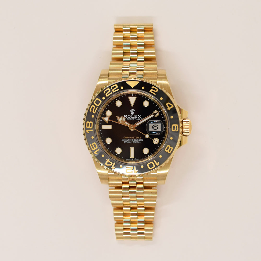 Rolex GMT-Master II 40mm Yellow Gold Grey Black Bezel 126718GRNR – Black Dial