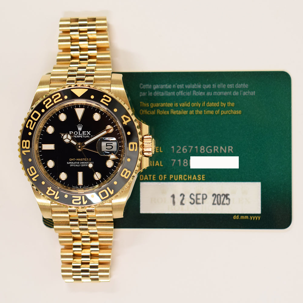 Rolex GMT-Master II 40mm Yellow Gold Grey Black Bezel 126718GRNR – Black Dial