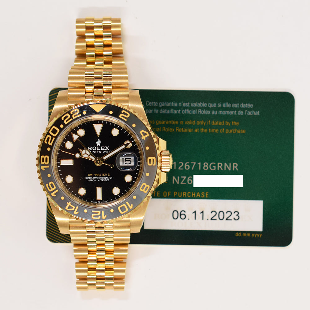 Rolex GMT-Master II 40mm Yellow Gold Grey Black Bezel 126718GRNR – Black Dial