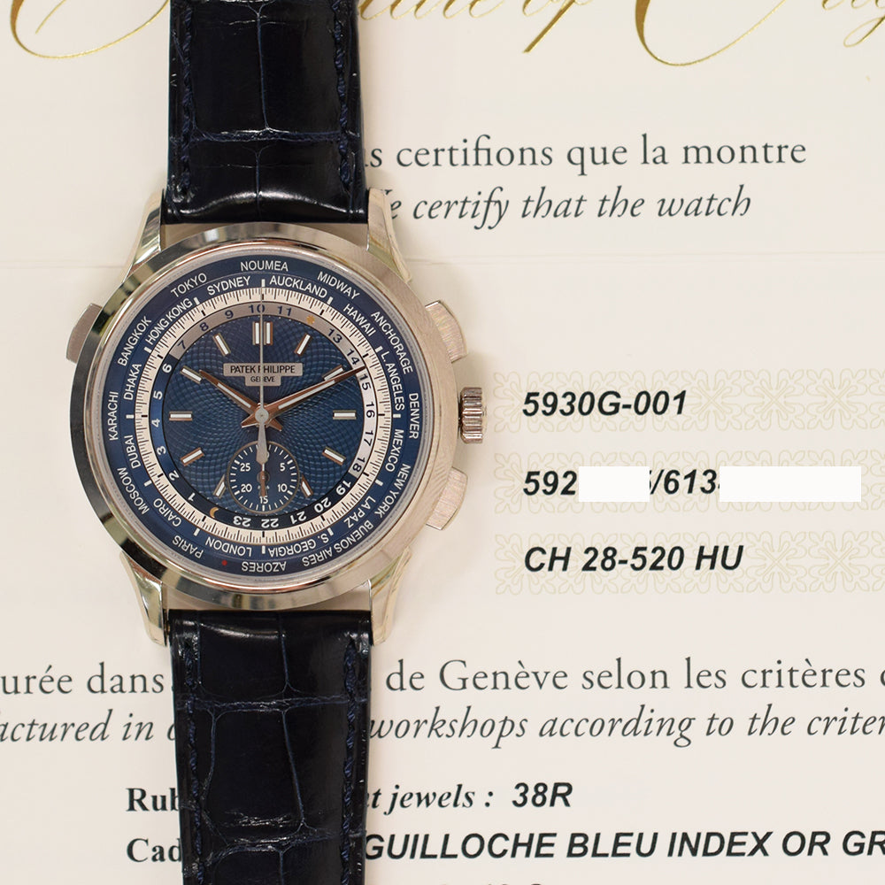 Patek Philippe World Time Flyback Chronograph 39.5mm 5930G-001 – Blue Dial