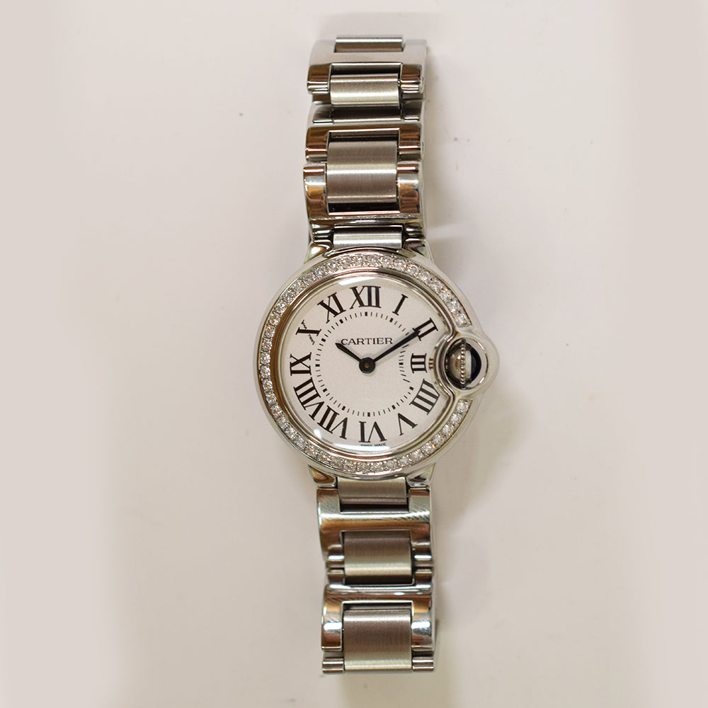 Cartier Ballon Bleu Small 28mm Diamond Bezel Steel W4BB0015 – Silver Roman Dial