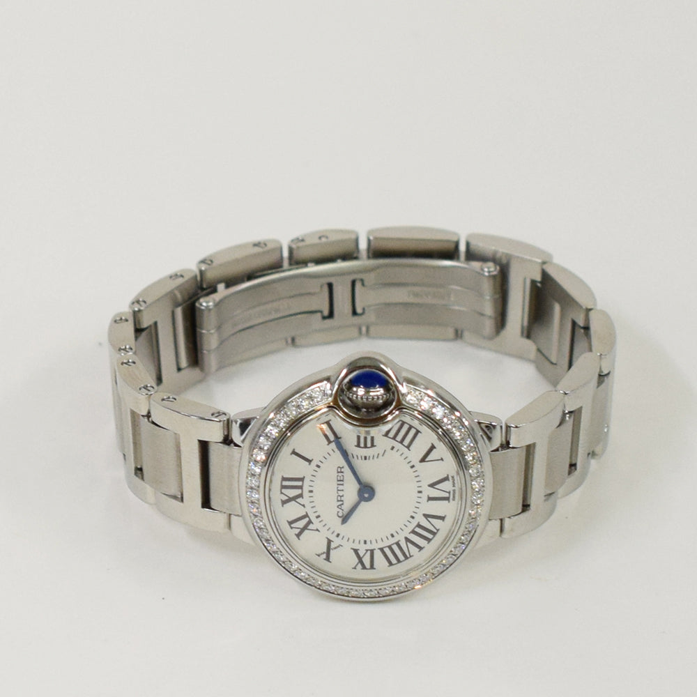 Cartier Ballon Bleu Small 28mm Diamond Bezel Steel W4BB0015 – Silver Roman Dial
