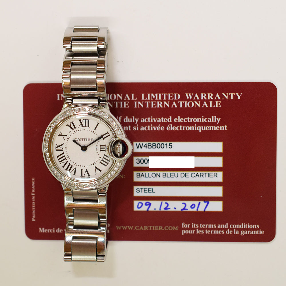 Cartier Ballon Bleu Small 28mm Diamond Bezel Steel W4BB0015 – Silver Roman Dial