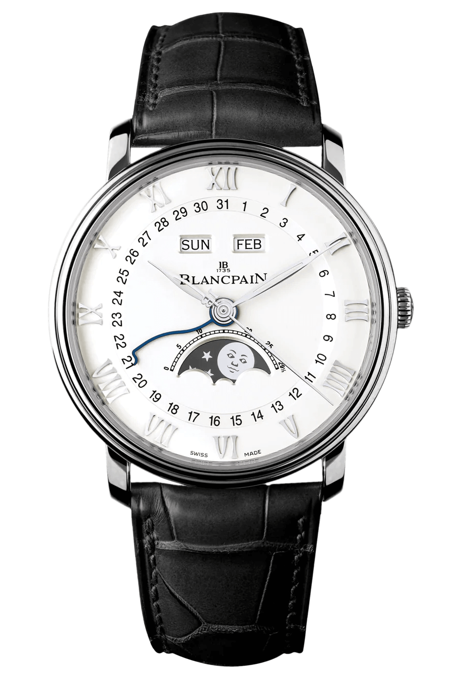 Blancpain Villeret Quantieme Complet Black Alligator Steel (6654-1127-55B)