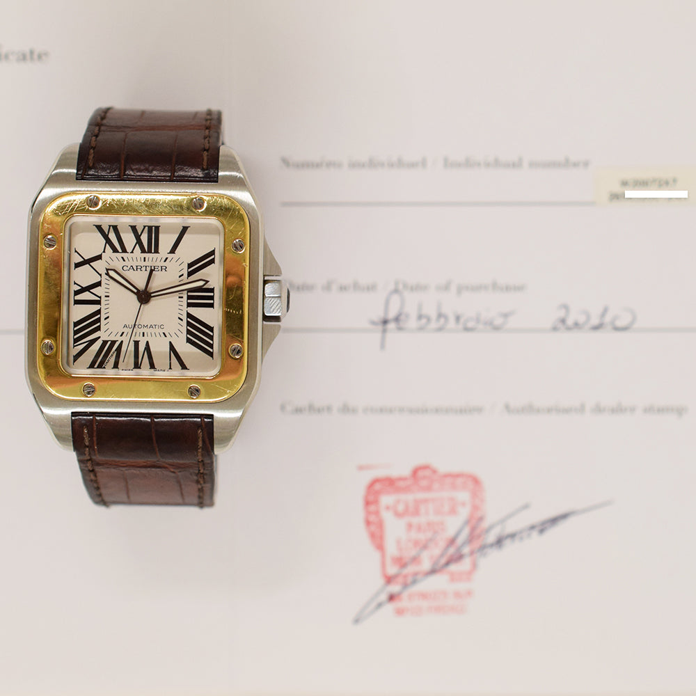 Cartier Santos 100 Steel and Yellow Gold W20072X7 – Silver Roman Dial