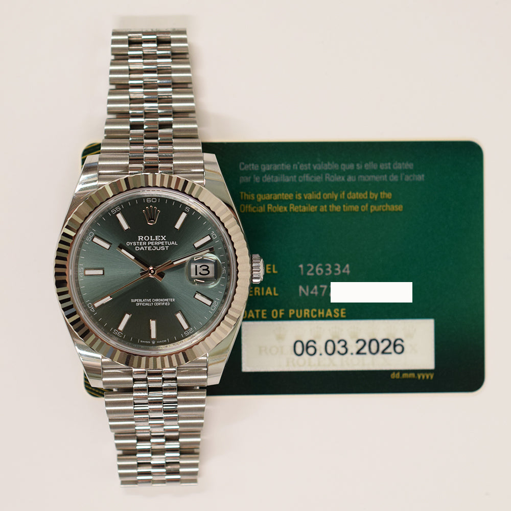 Rolex Datejust 41mm Steel and White Gold Fluted Bezel 126334 – Green Dial