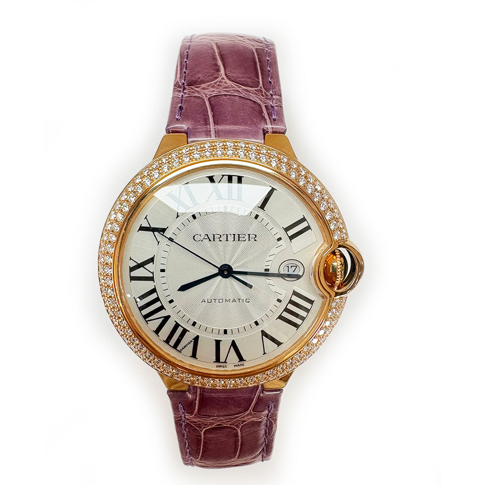 Cartier Ballon Bleu 42mm Diamond Bezel Rose Gold WJBB0031 – Silver Roman Dial