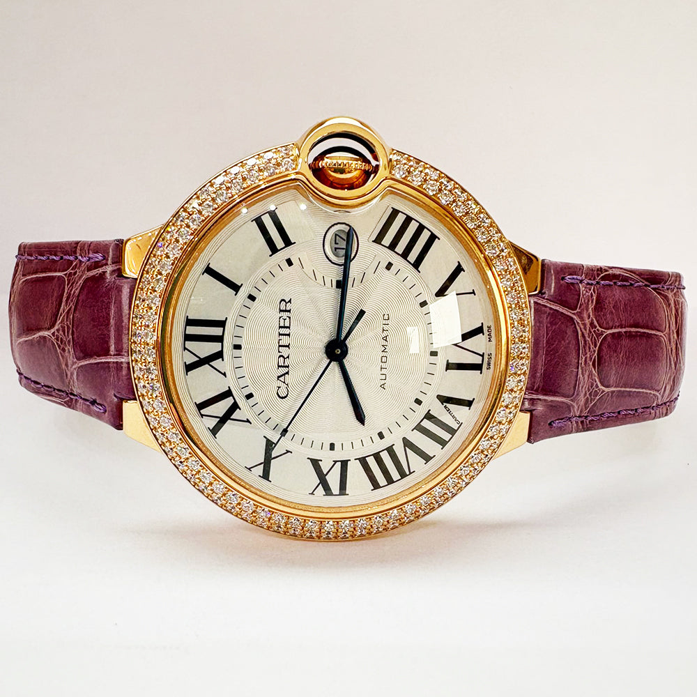 Cartier Ballon Bleu 42mm Diamond Bezel Rose Gold WJBB0031 – Silver Roman Dial