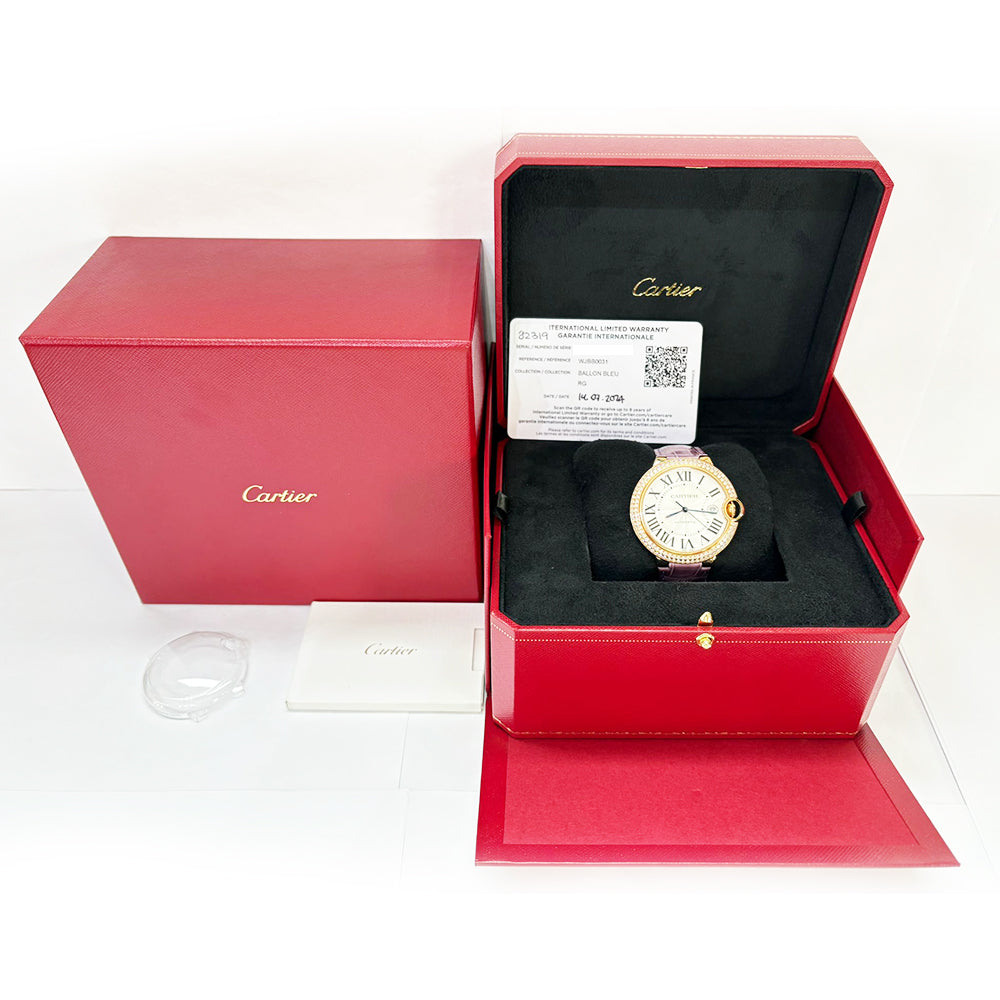 Cartier Ballon Bleu 42mm Diamond Bezel Rose Gold WJBB0031 – Silver Roman Dial