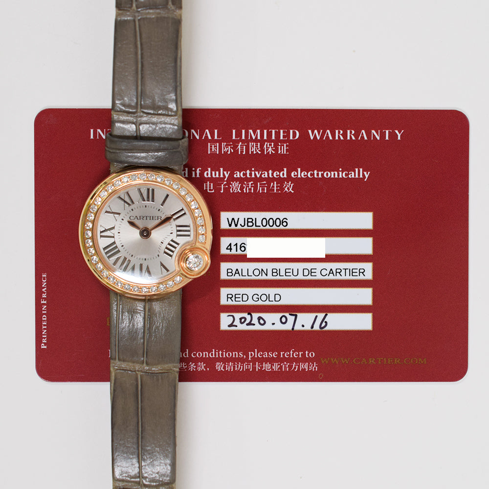 Cartier Ballon Bleu 26mm Diamond Bezel Rose Gold WJBL0006 – Silver Roman Dial