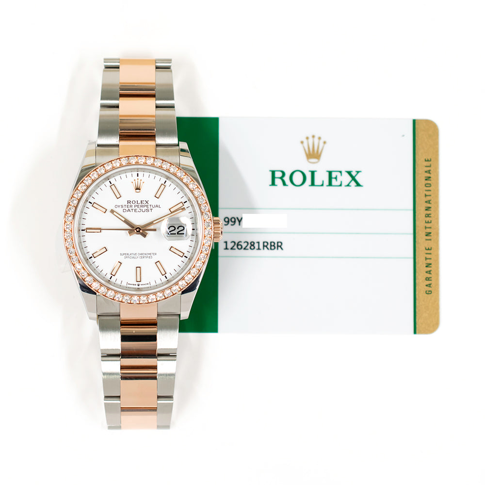 Rolex Datejust 36mm Everose Gold Diamond Bezel 126281RBR – White Dial
