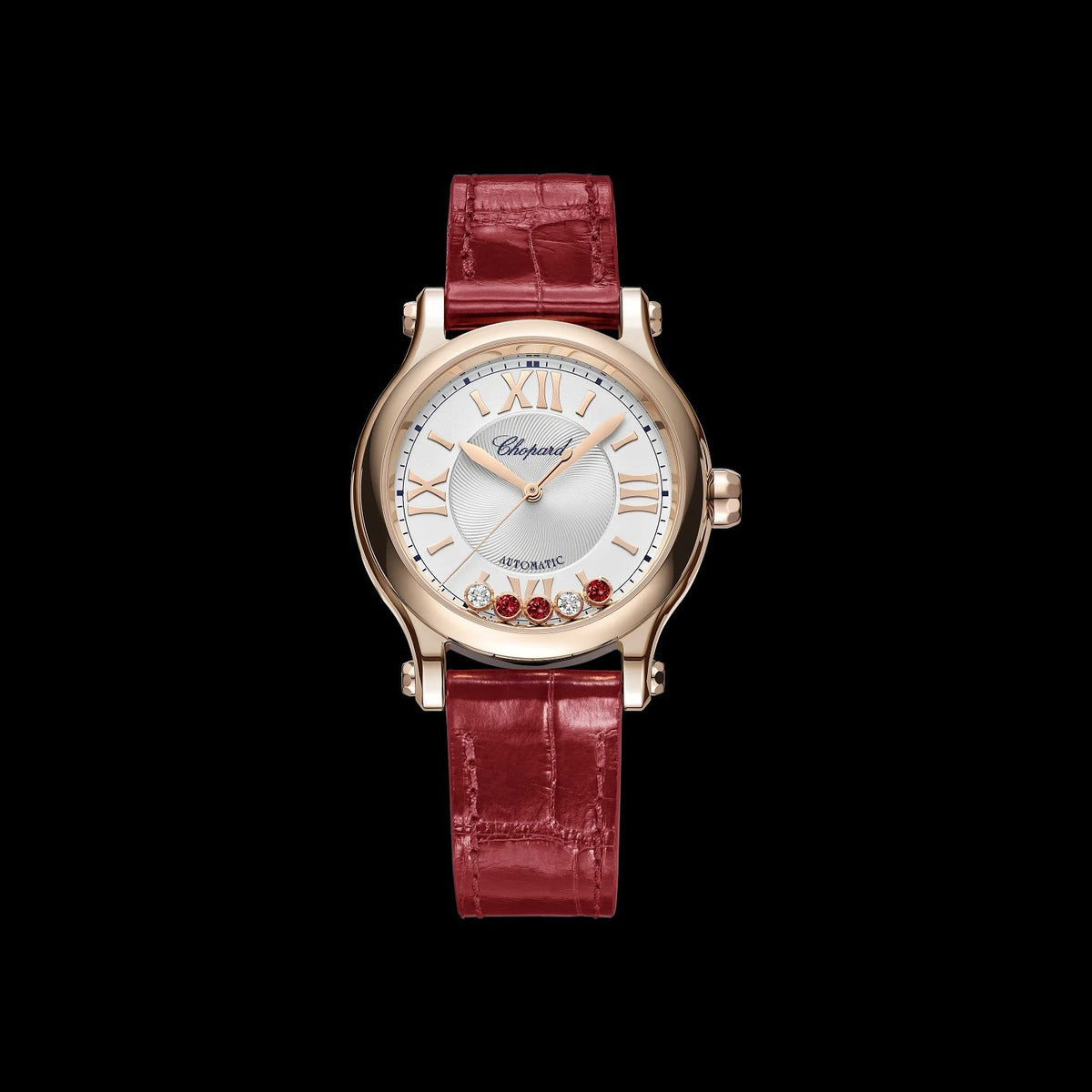 Chopard Happy Sport 33mm Automatic Ethical Rose Gold, Diamonds, Rubies Ladies Watch (275378-5011)
