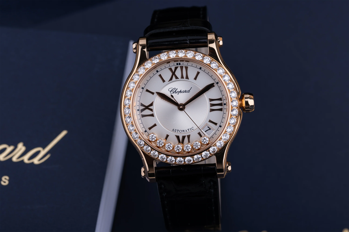 Chopard Happy Sport 36mm Rose Gold Diamond Alligator Ladies Watch (274808-5003)