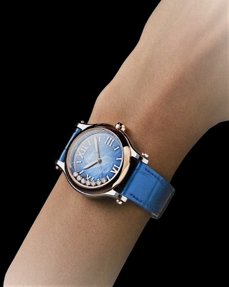 Chopard Happy Sport Blue Mother of Pearl Alligator Steel Rose Gold Ladies Watch (278578-6003)