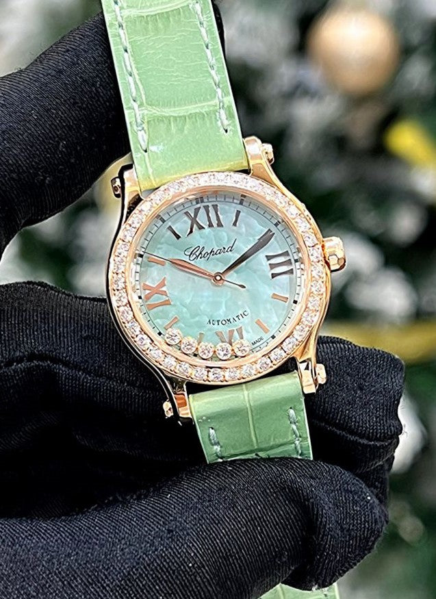 Chopard Happy Sport 30mm Rose Gold Diamond Green Alligator Ladies Watch (274893-5016)