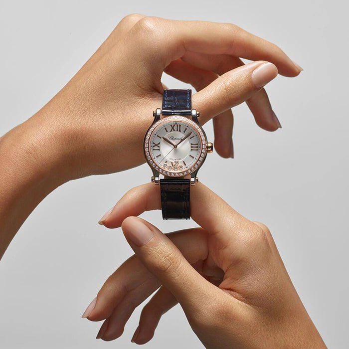 Chopard Happy Sport 33mm Steel Rose Gold Diamond Purple Alligator Ladies Watch (278608-6012)