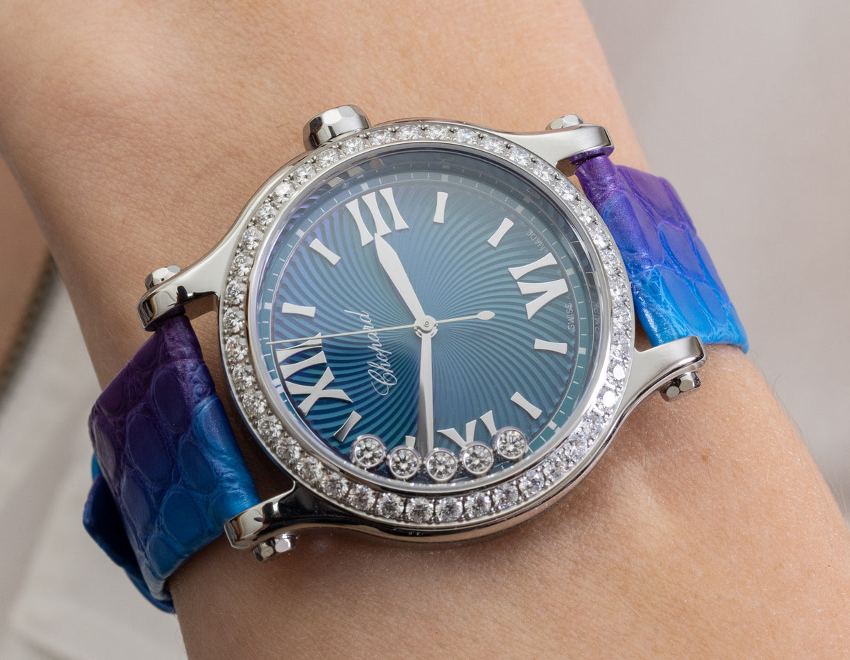 Chopard Happy Sport 33mm Lucent Steel Diamond Blue-Purple Alligator Ladies Watch (278608-3006)