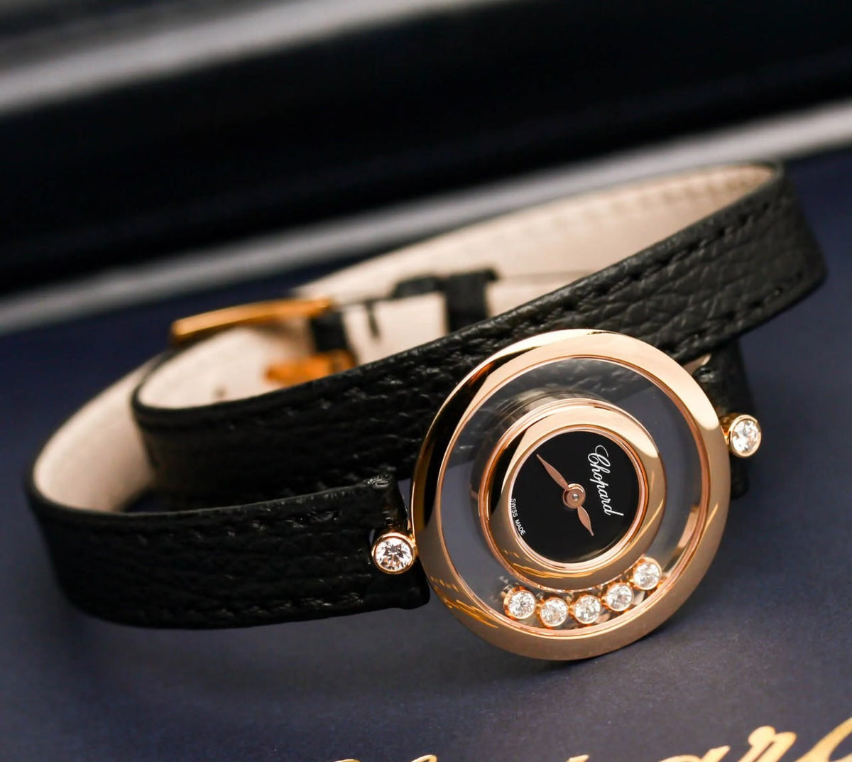 Chopard Happy Diamonds Icons 26mm Rose Gold Black Calfskin Ladies Watch (209415-5004)