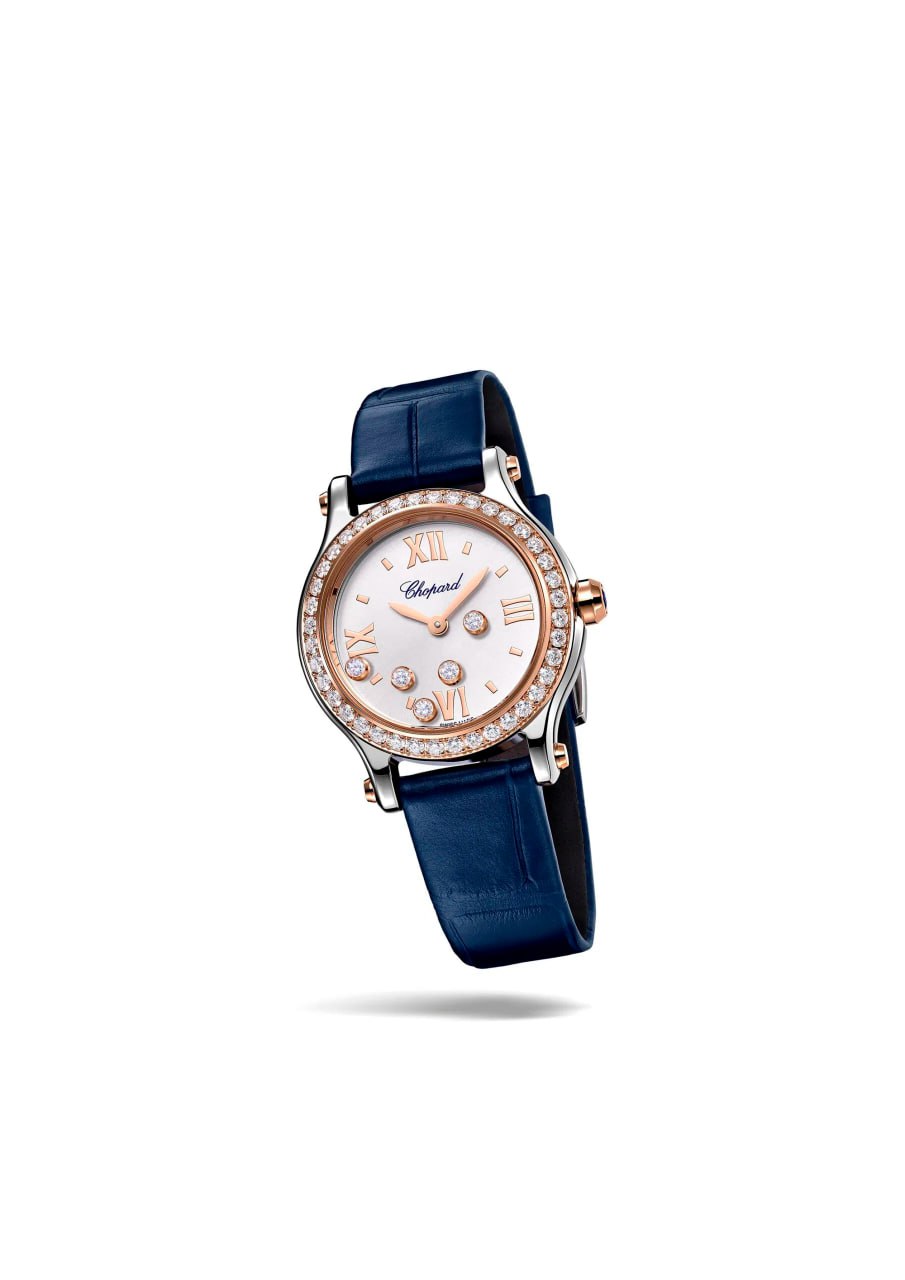 Chopard Happy Sport 25mm Steel Rose Gold Diamond Blue Alligator Ladies Watch (278620-6002)