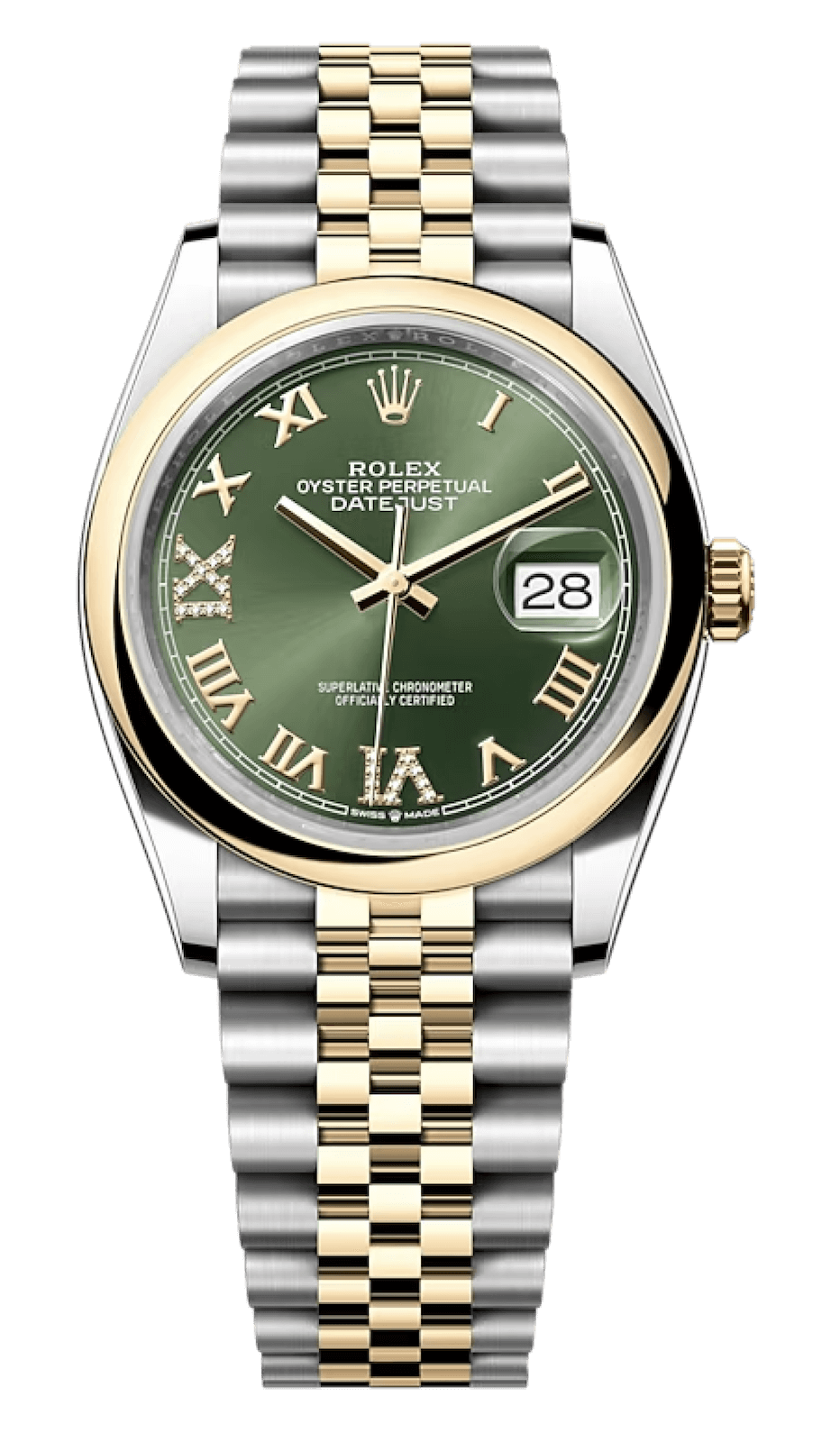 Rolex Datejust 36 Yellow Rolesor Diamond Olive Green Domed Jubilee Unisex Watch (126203)