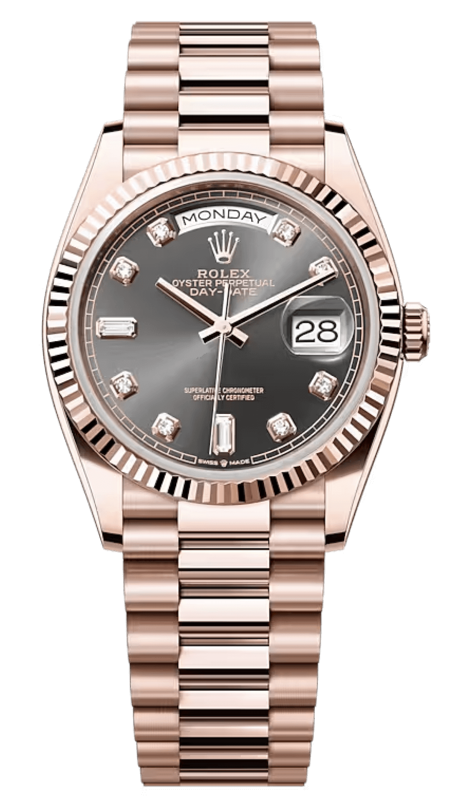 Rolex Day-Date 36 Everose Gold Slate Diamond President Bracelet Unisex Watch (128235)