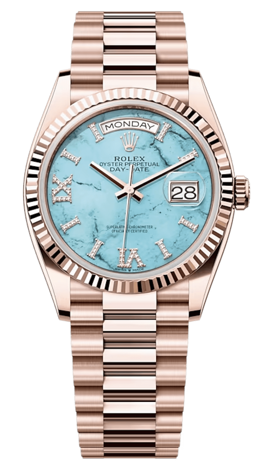 Rolex Day-Date 36 Everose Gold Turquoise Diamond President Unisex Watch (128235)