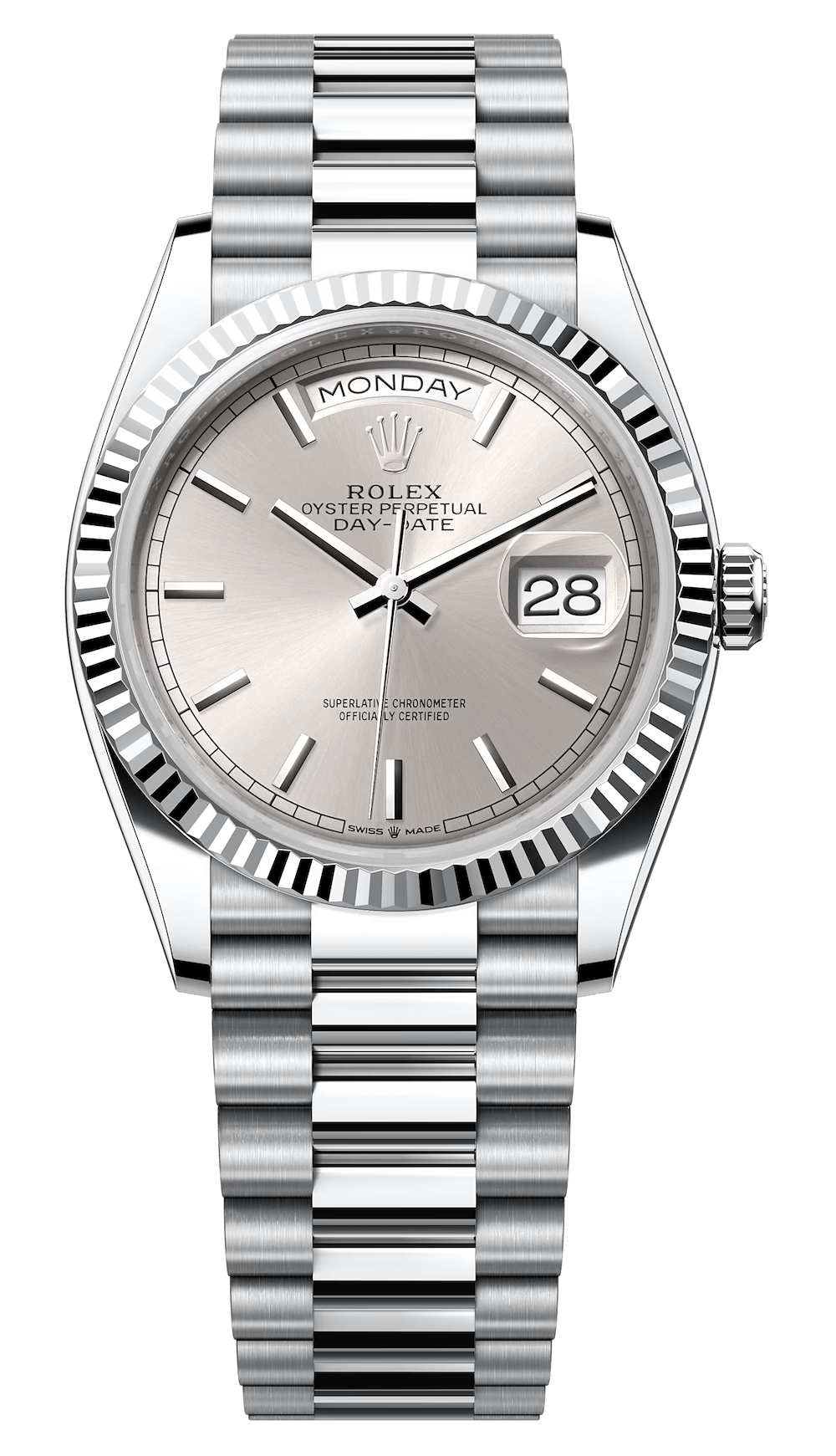 Rolex Day-Date 36 Platinum Silver Dial President Unisex Watch (128236)