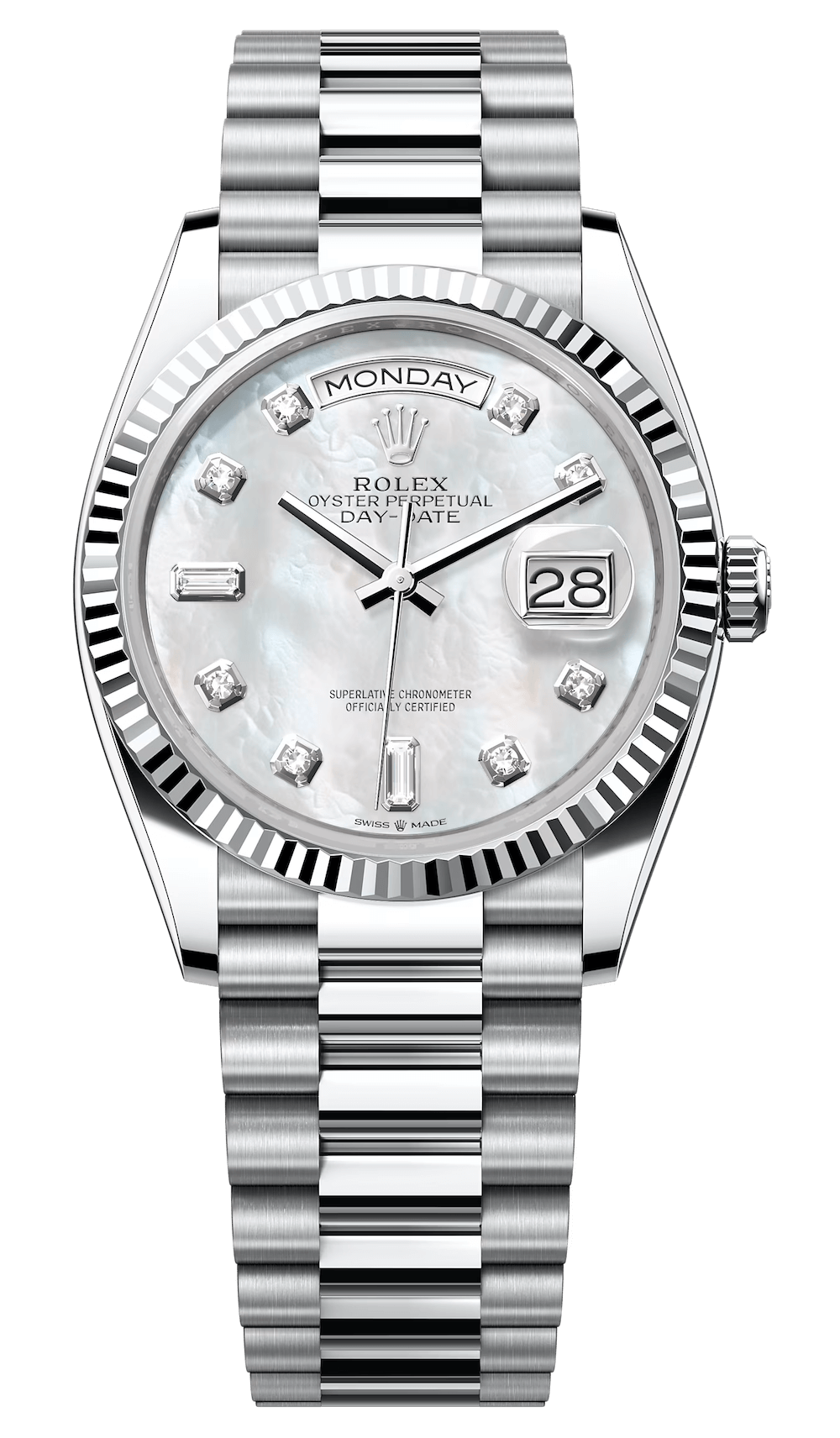 Rolex Day-Date 36 Platinum Diamond Mother-of-Pearl President Unisex Watch (128236)