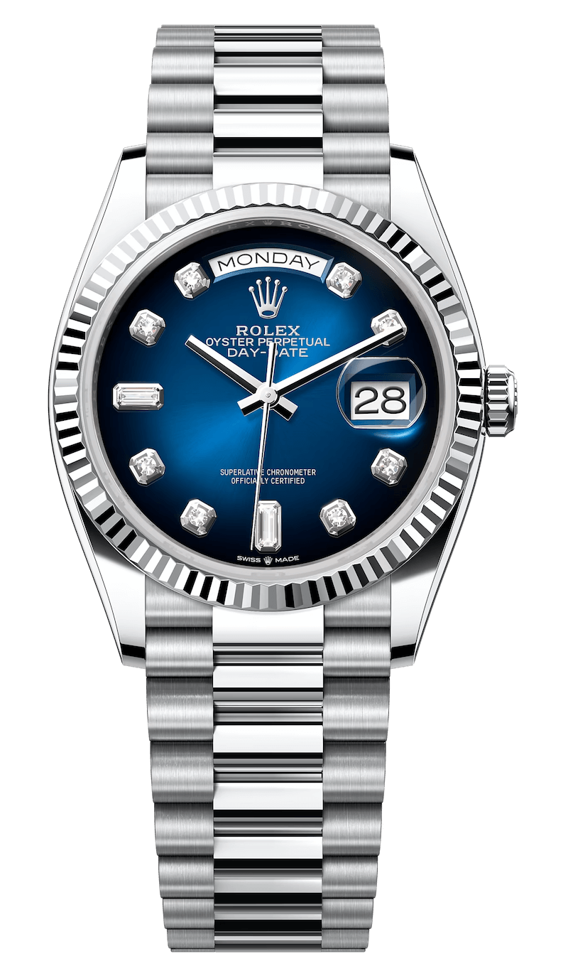 Rolex Day-Date 36 Platinum Blue Ombre Diamond President Unisex Watch (128236)