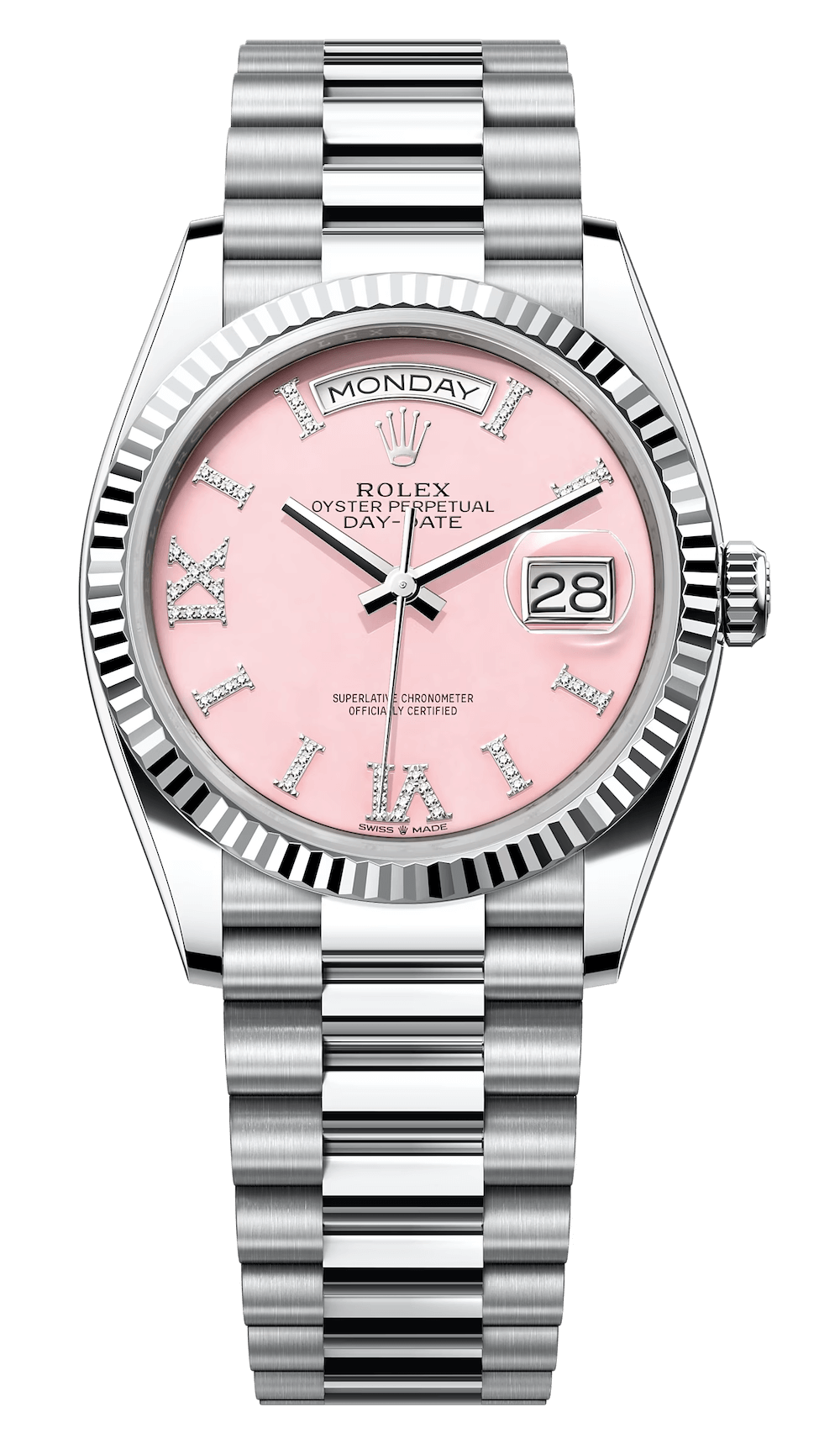 Rolex Day-Date 36 Platinum Roman Diamond Pink President Unisex Watch (128236)