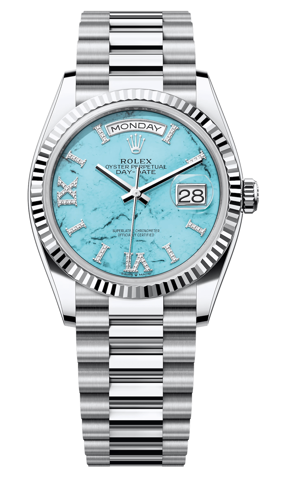 Rolex Day-Date 36 Platinum Turquoise Diamond President Unisex Watch (128236)