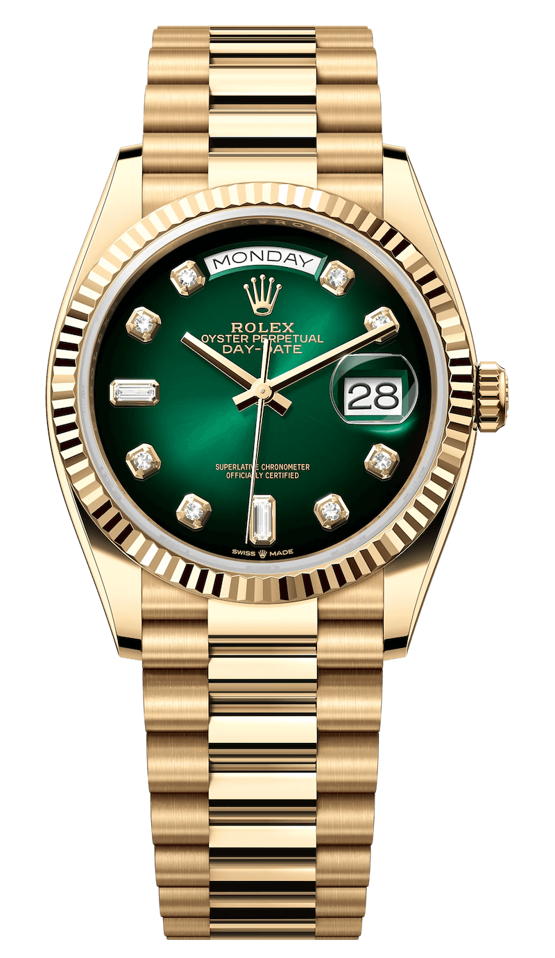 Rolex Day-Date 36 Yellow Gold Diamond Green President Unisex Watch (128238)