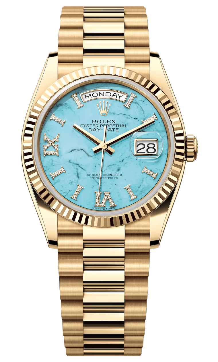 Rolex Day-Date 36 Yellow Gold Turquoise Roman Diamond President Unisex Watch (128238)