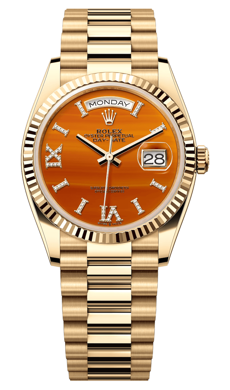 Rolex Day-Date 36 Yellow Gold Carnelian Roman Diamond President Unisex Watch (128238)