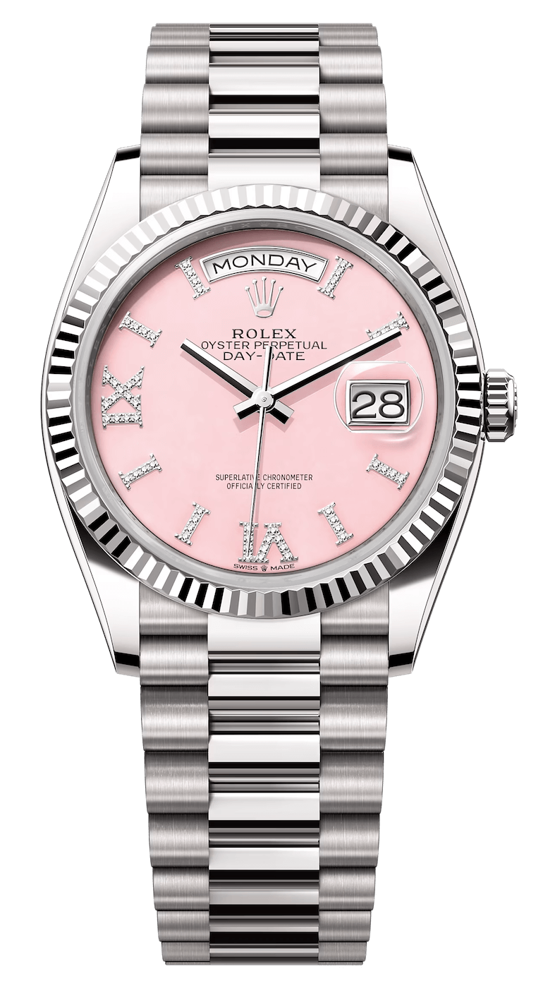 Rolex Day-Date 36 White Gold Pink Roman Diamond President Unisex Watch (128239)
