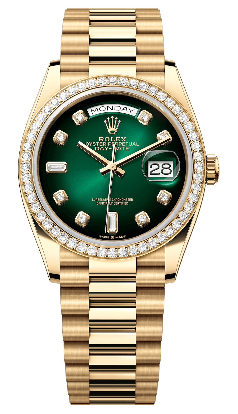 Rolex Day-Date 36 Yellow Gold Green Ombre Diamond President Unisex Watch (128348)