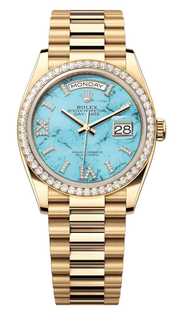 Rolex Day-Date 36 Yellow Gold Turquoise Diamond President Unisex Watch (128348)