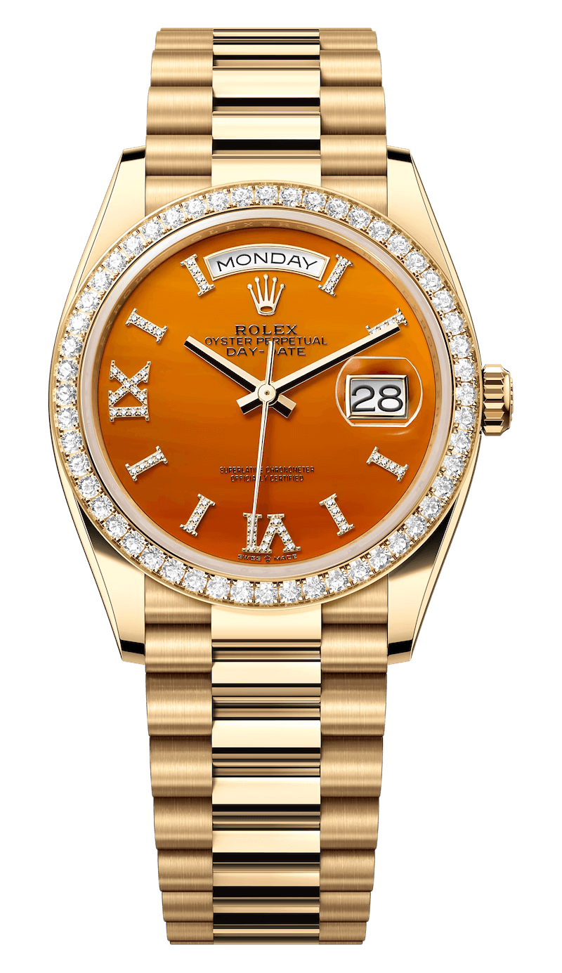 Rolex Day-Date 36 Yellow Gold Carnelian Diamond President Unisex Watch (128348)