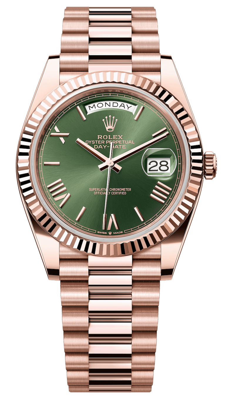 Rolex Day-Date 40 Everose Gold Olive Green Roman President Men’s Watch (228235)