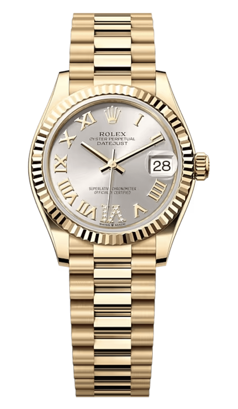 Rolex Datejust 31 Yellow Gold Diamond-Set Silver Sunray President Ladies Watch (278278)