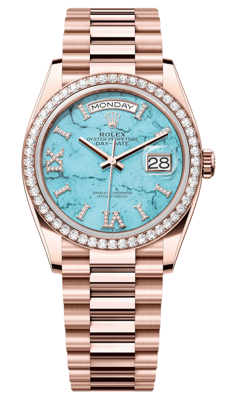 Rolex Day-Date 36 Everose Gold Diamond President Turquoise Unisex Watch (128345)