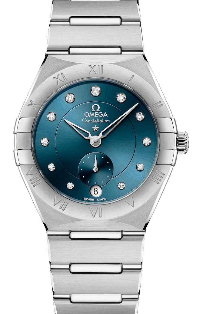 Omega Constellation Co-Axial Master Chronometer Small Seconds 34mm Peacock Blue Steel Ladies Watch