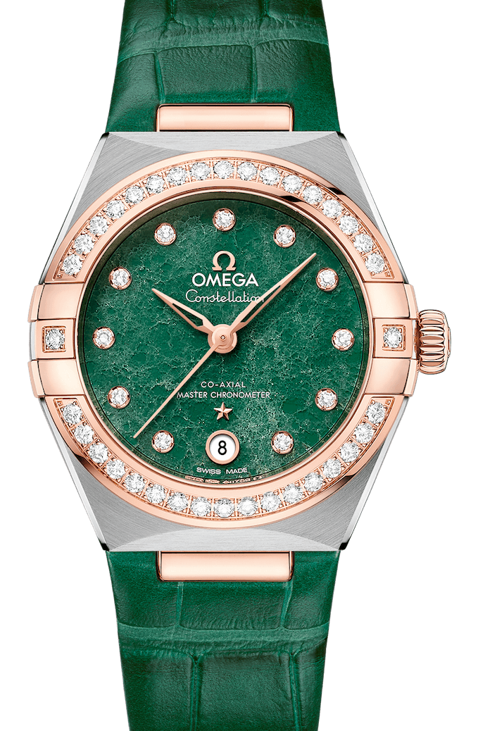 Omega Constellation Co-Axial Master Chronometer 29mm Steel Gold Diamond Green Alligator Ladies Watch