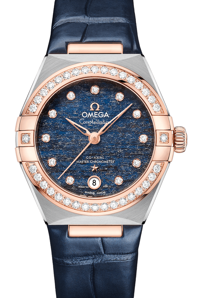 Omega Constellation Co-Axial Master Chronometer 29mm Steel Gold Diamond Blue Alligator Ladies Watch