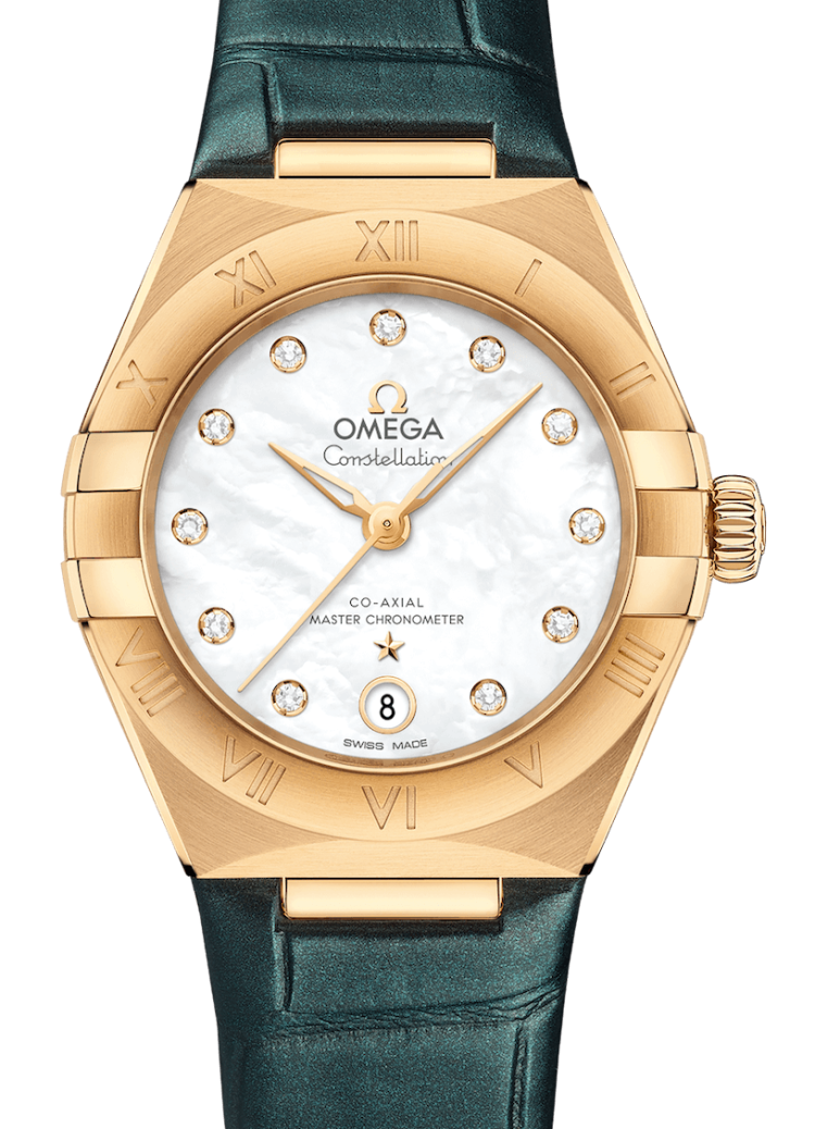 Omega Constellation Co-Axial Master Chronometer 29mm Yellow Gold Mother of Pearl Green Ladies Watch