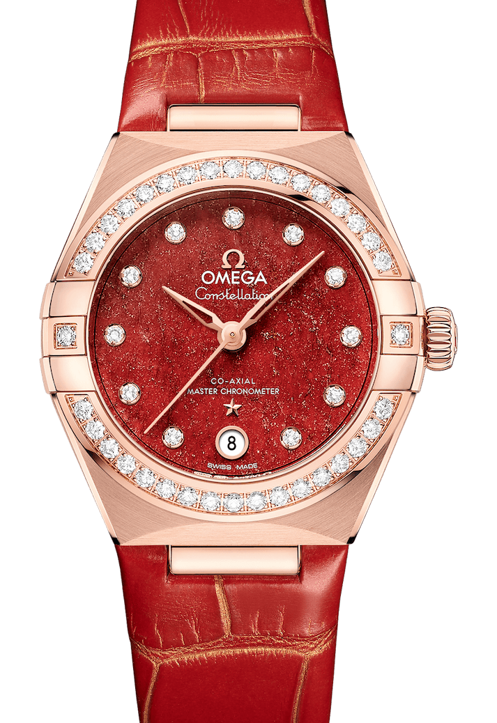 Omega Constellation Co-Axial Master Chronometer 29mm Sedna Gold Diamond Red Alligator Ladies Watch
