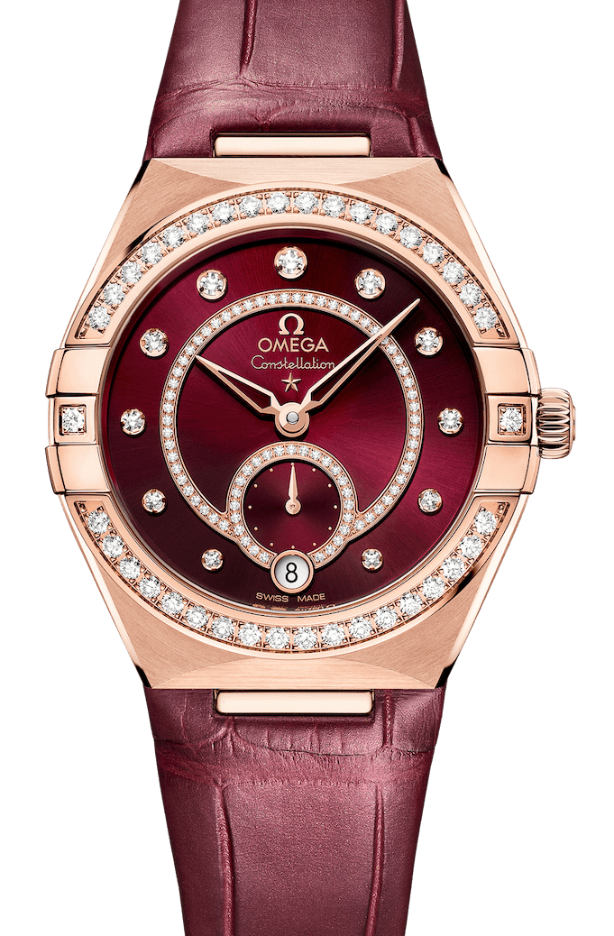 Omega Constellation Co-Axial Master Chronometer Small Seconds 34mm Sedna Gold Diamond Burgundy Ladies Watch